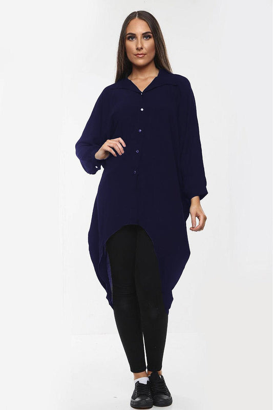 Oversized Button Long Top Shirt Dress with Hem and Long Sleeves