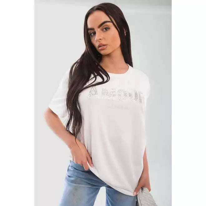 Amour Embellished Print Round Neck Top