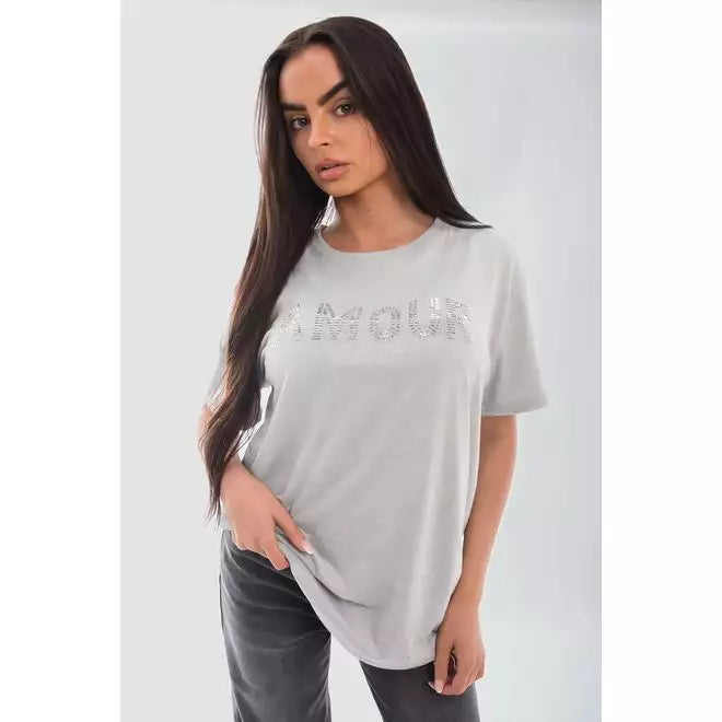 Amour Embellished Print Round Neck Top