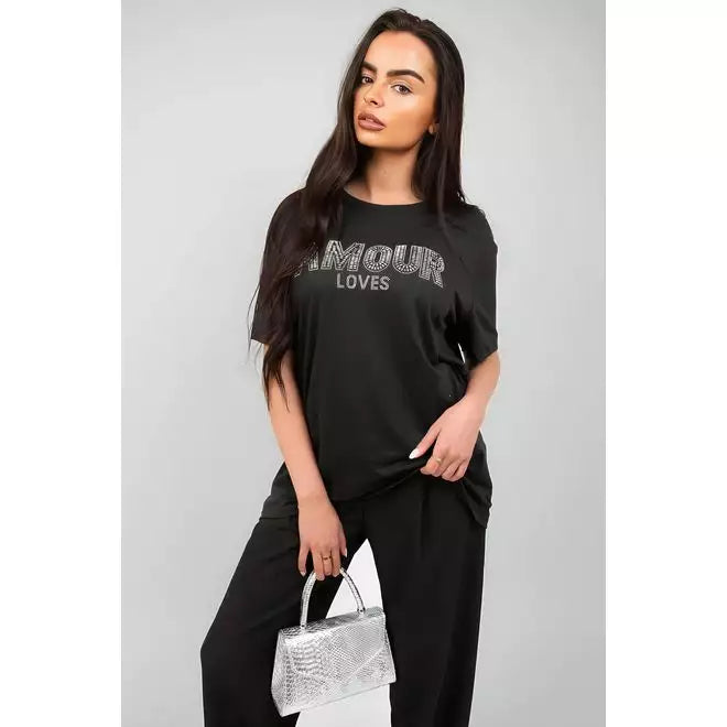 Amour Embellished Print Round Neck Top