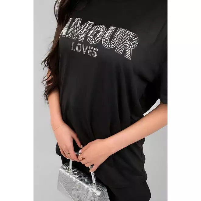 Amour Embellished Print Round Neck Top