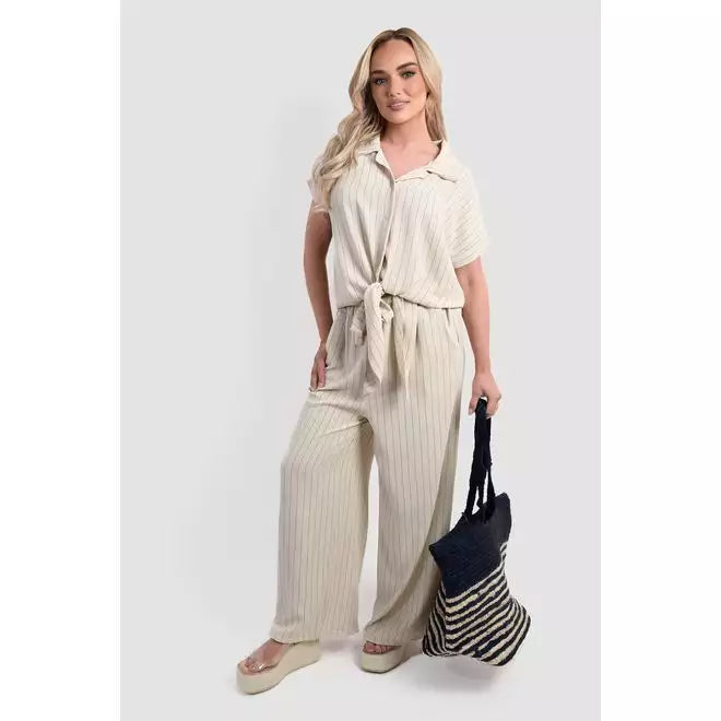 Striped Button Down Tie Front Top and Trouser Co-ord Set