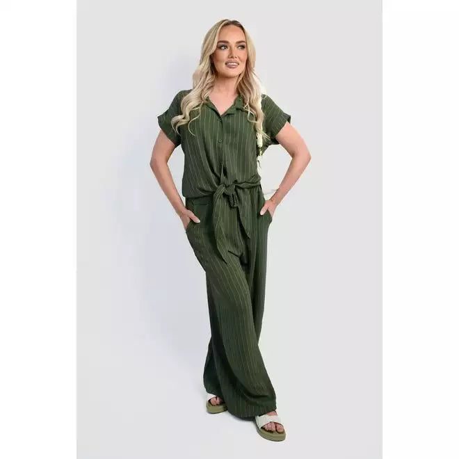 Striped Button Down Tie Front Top and Trouser Co-ord Set