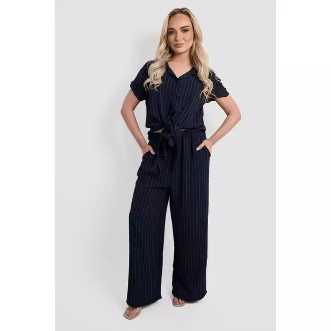 Striped Button Down Tie Front Top and Trouser Co-ord Set