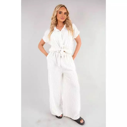 Striped Button Down Tie Front Top and Trouser Co-ord Set