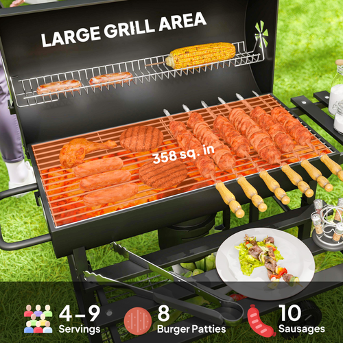 Large Charcoal BBQ Grill with Warming Rack Shelves Temperature Gauge