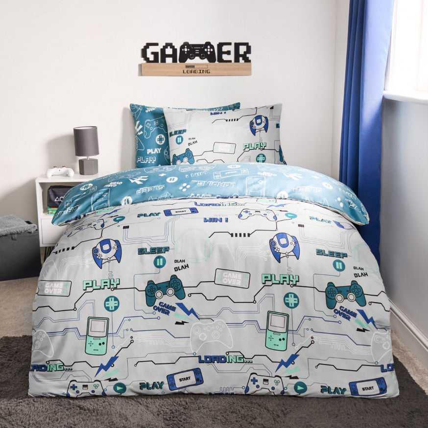Gaming Console Print Reversible Duvet Cover Set - Grey/Blue