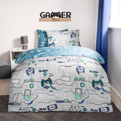 Gaming Console Print Reversible Duvet Cover Set - Grey/Blue