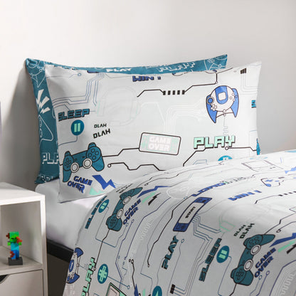 Gaming Console Print Reversible Duvet Cover Set - Grey/Blue