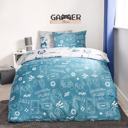 Gaming Console Print Reversible Duvet Cover Set - Grey/Blue
