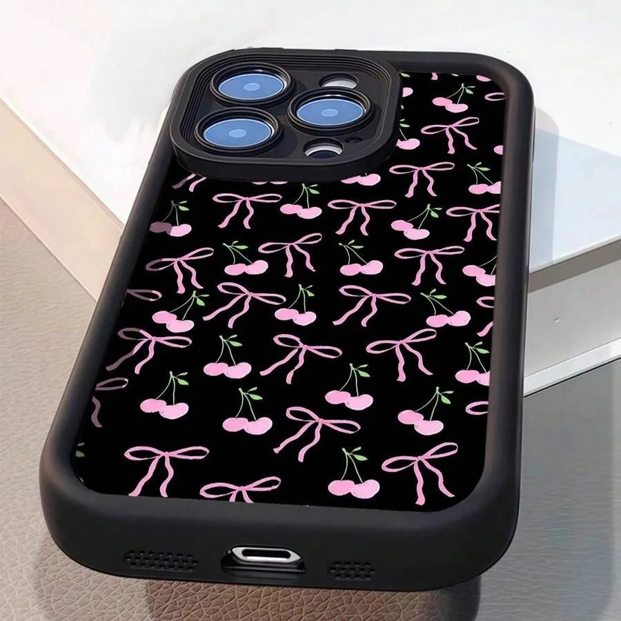 Pink Cherry Bowknot Case for Apple 16 Pro Max, 15 Day Eye Step, 14 Export, 13 Premium, 12 European