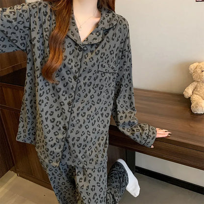 Gray Leopard Print Women's Sleepwear Long Sleeve Home Clothes Set New Style Simple Cotton Simulation Cardigan Spring New Arrival