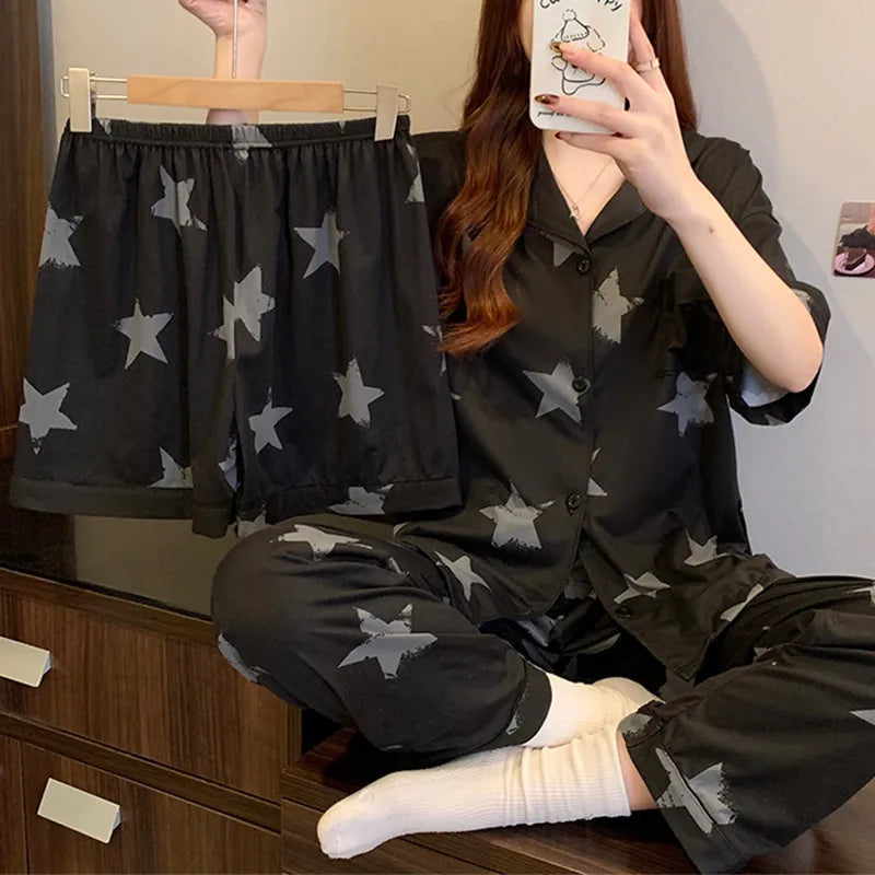 Spring Summer Women's Black Star Patterned Cotton-Like Short Sleeve Three-Piece Set Thin Home Clothes Sweet Cute Style Sleepwear