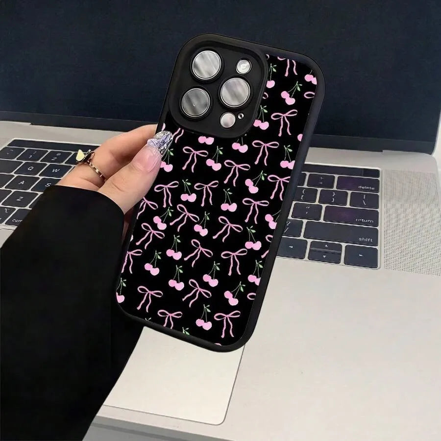 Pink Cherry Bowknot Case for Apple 16 Pro Max, 15 Day Eye Step, 14 Export, 13 Premium, 12 European