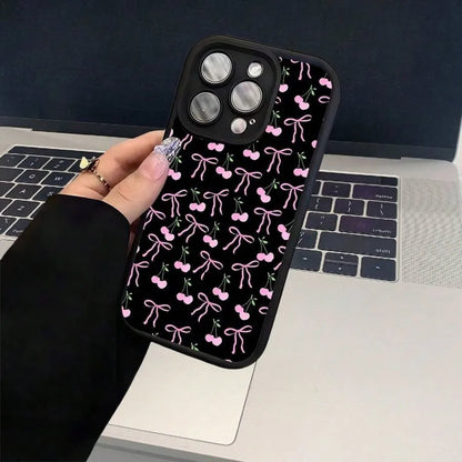Pink Cherry Bowknot Case for Apple 16 Pro Max, 15 Day Eye Step, 14 Export, 13 Premium, 12 European