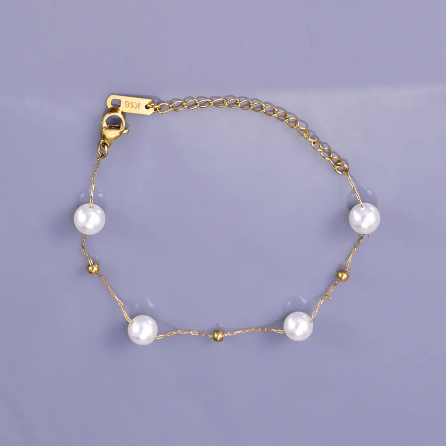 Wholesale Jewelry Simple Style Solid Color 304 Stainless Steel Imitation Pearl Titanium Steel 18K Gold Plated Plating Bracelets Anklet