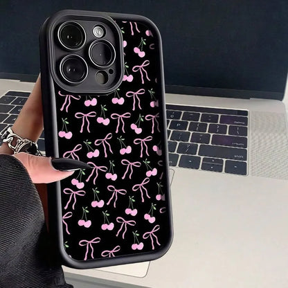 Pink Cherry Bowknot Case for Apple 16 Pro Max, 15 Day Eye Step, 14 Export, 13 Premium, 12 European
