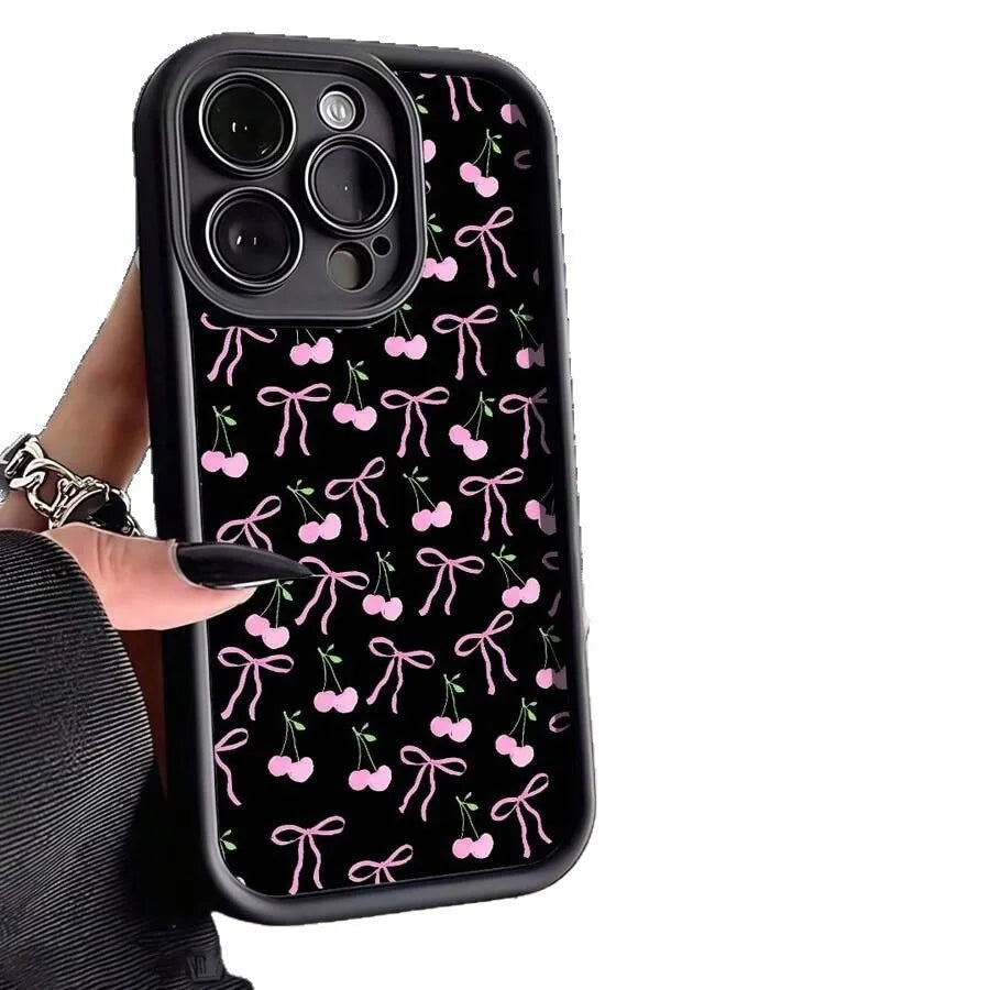 Pink Cherry Bowknot Case for Apple 16 Pro Max, 15 Day Eye Step, 14 Export, 13 Premium, 12 European