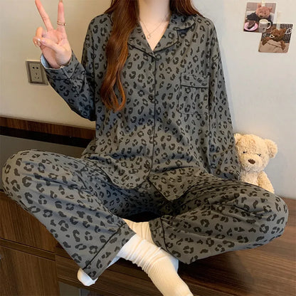 Gray Leopard Print Women's Sleepwear Long Sleeve Home Clothes Set New Style Simple Cotton Simulation Cardigan Spring New Arrival