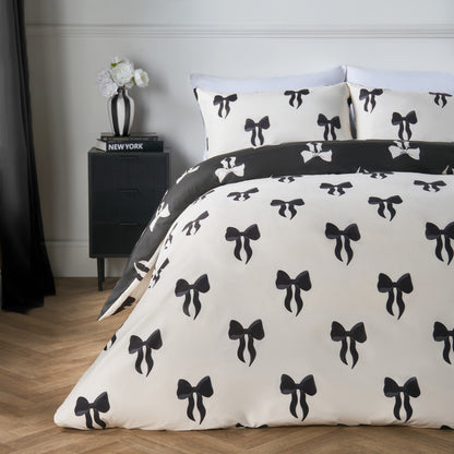 Bow Print Reversible Duvet Cover Set - Monochrome