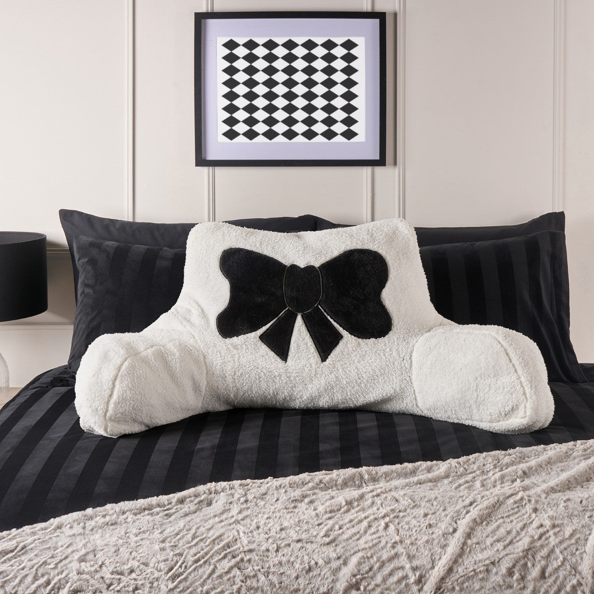 Bow Embroidered Teddy Cuddle Cushion - Monochrome