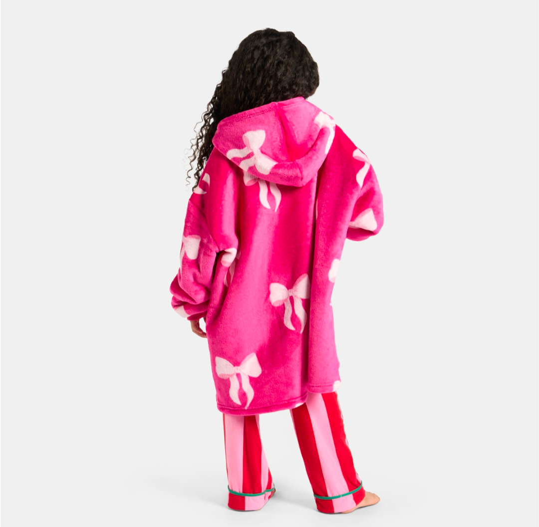 Kids Bow Print Hoodie Blanket - Hot Pink