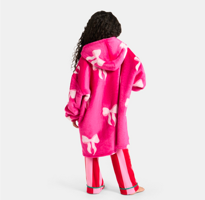 Kids Bow Print Hoodie Blanket - Hot Pink