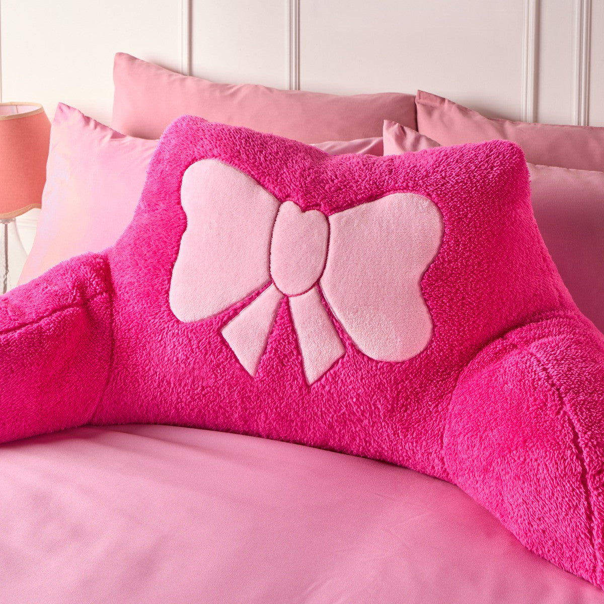 Bow Embroidered Teddy Cuddle Cushion - Hot Pink