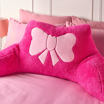 Bow Embroidered Teddy Cuddle Cushion - Hot Pink