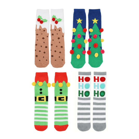 Ladies Snuggle Toe Christmas Design Cosy Socks With Pom Poms