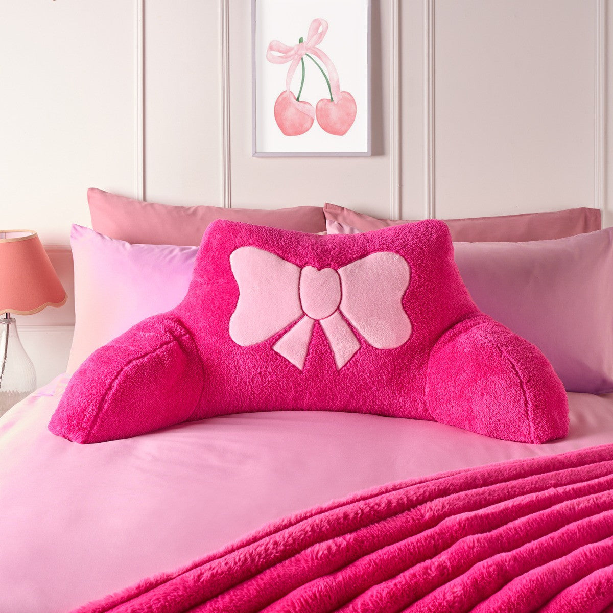 Bow Embroidered Teddy Cuddle Cushion - Hot Pink