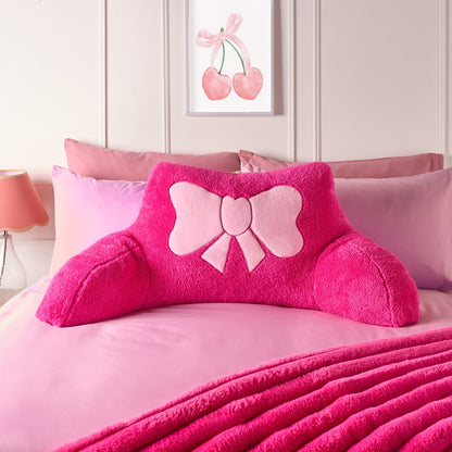Bow Embroidered Teddy Cuddle Cushion - Hot Pink
