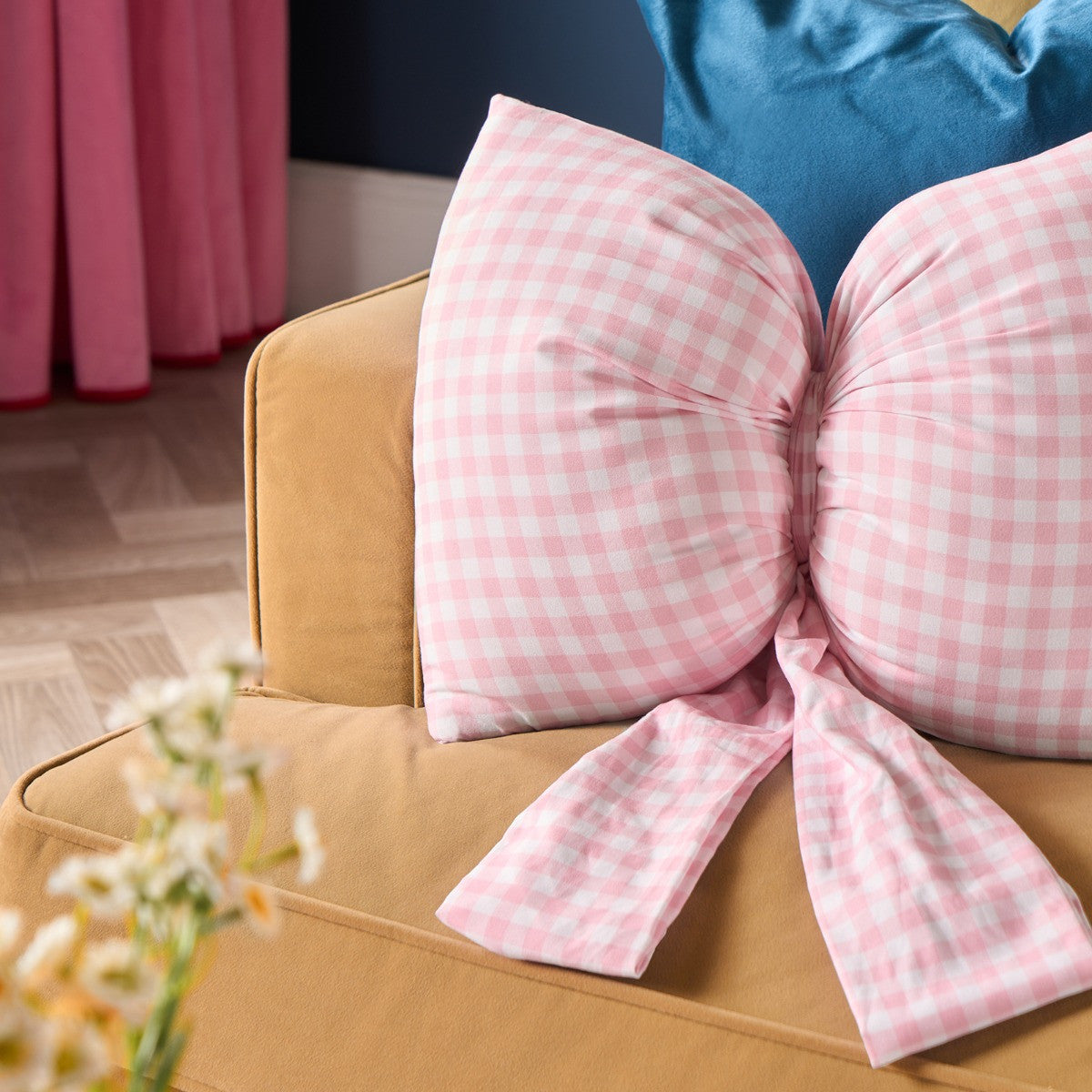 Gingham Print Bow Shaped Cushion - Pink