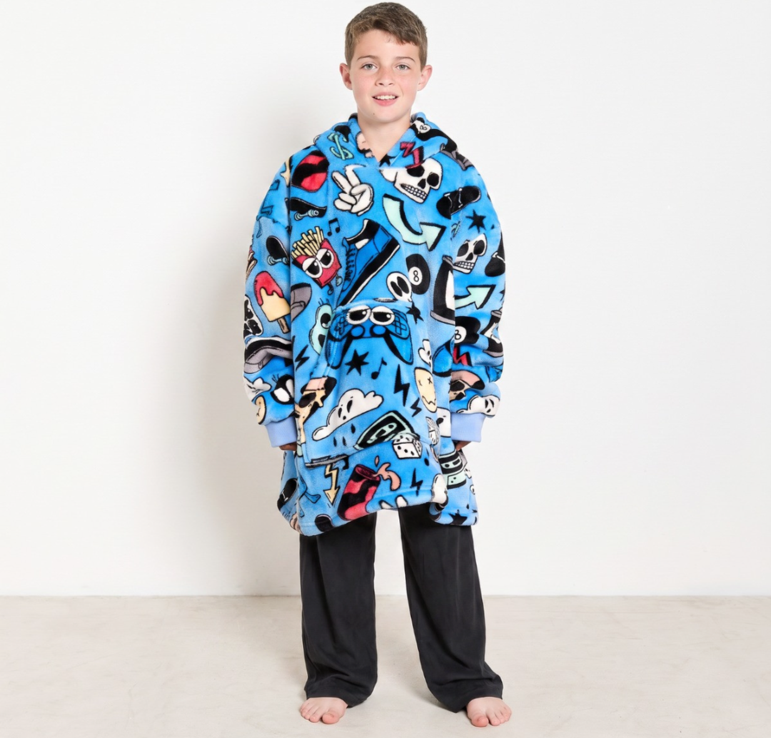 Kids Cartoon Print Hoodie Blanket - Blue