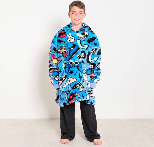 Kids Cartoon Print Hoodie Blanket - Blue