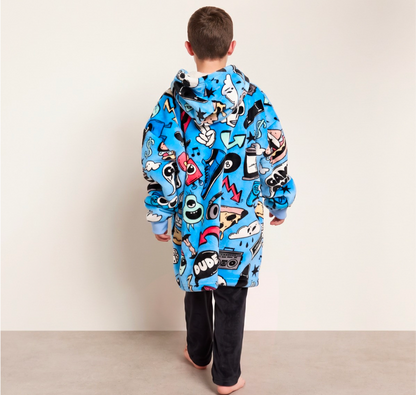 Kids Cartoon Print Hoodie Blanket - Blue
