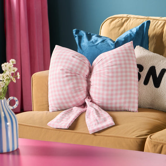 Gingham Print Bow Shaped Cushion - Pink