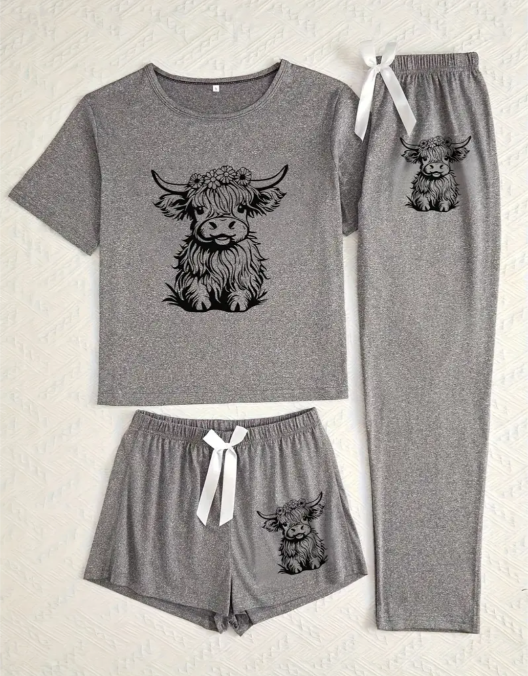 Highland Cow Short Sleeve Top, Shorts+Long Pants Set