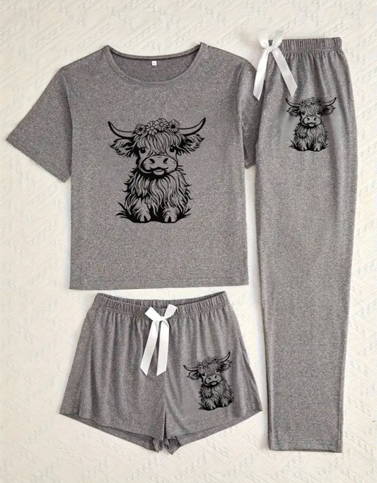 Highland Cow Short Sleeve Top, Shorts+Long Pants Set