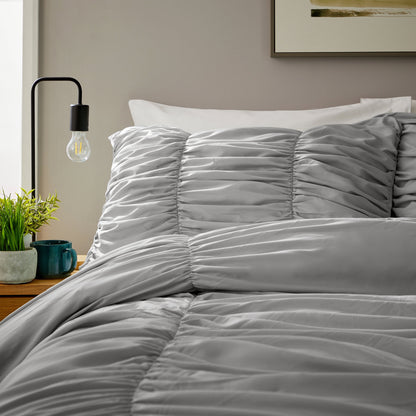 Ruched Grey Microfibre Duvet Cover Set with Pillowcases