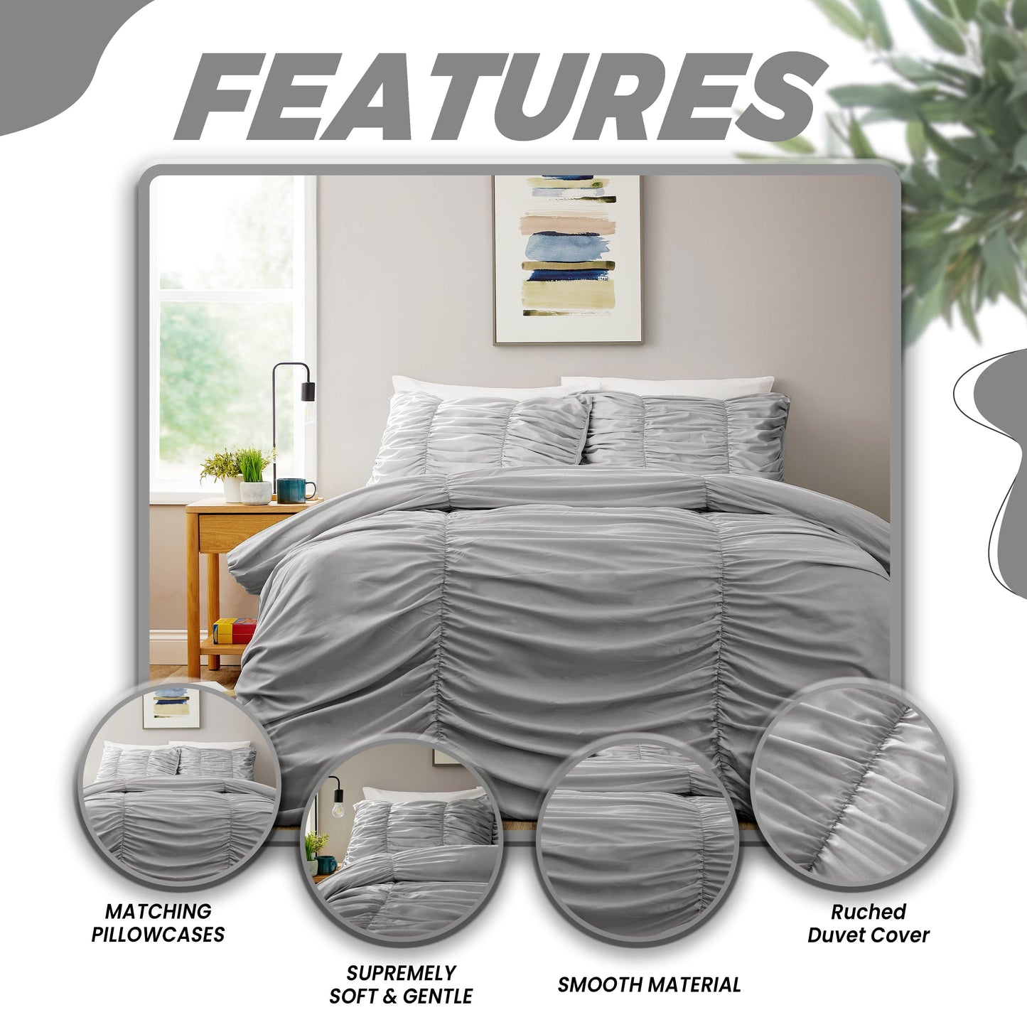 Ruched Grey Microfibre Duvet Cover Set with Pillowcases