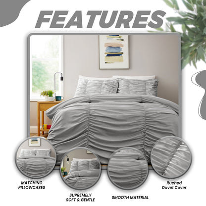 Ruched Grey Microfibre Duvet Cover Set with Pillowcases