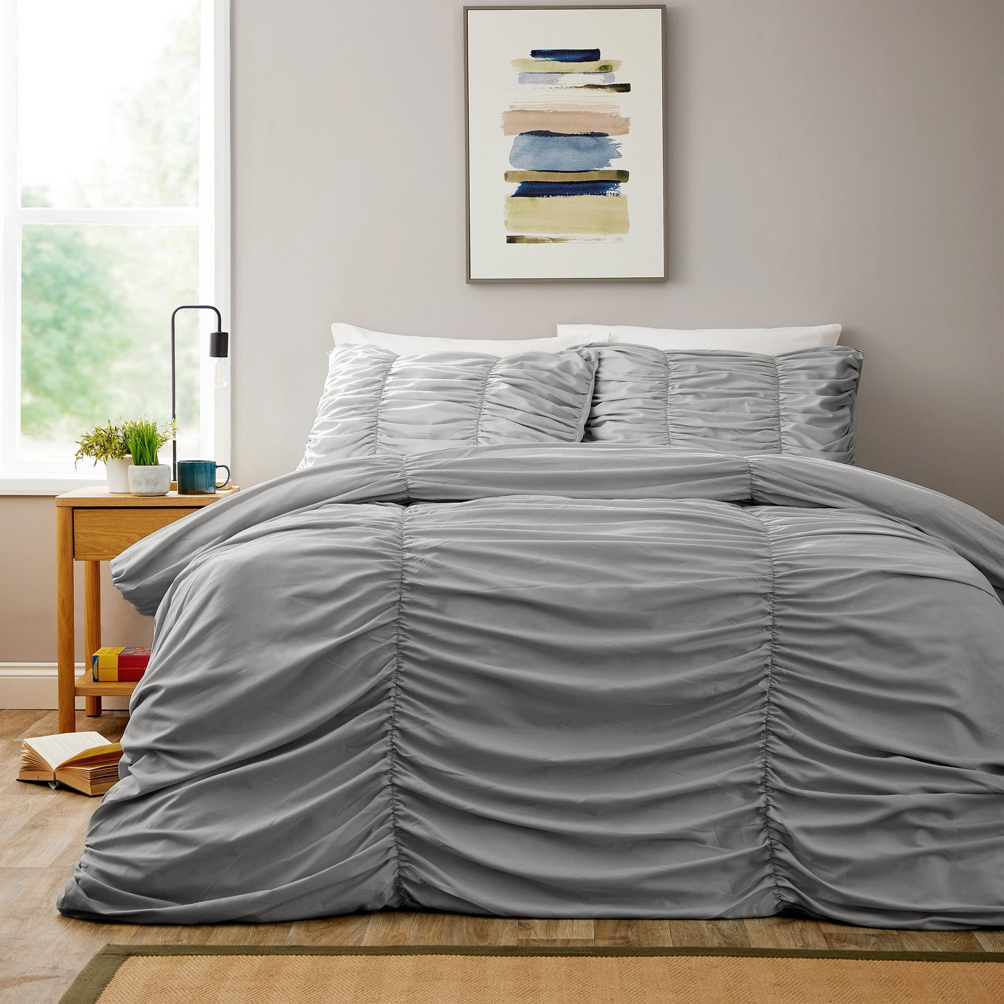 Ruched Grey Microfibre Duvet Cover Set with Pillowcases