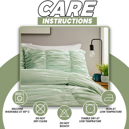 Ruched Sage Green Microfibre Duvet Cover Set with Pillowcases