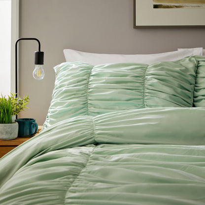 Ruched Sage Green Microfibre Duvet Cover Set with Pillowcases