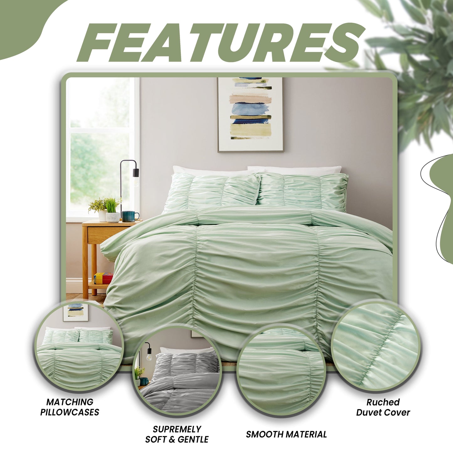 Ruched Sage Green Microfibre Duvet Cover Set with Pillowcases