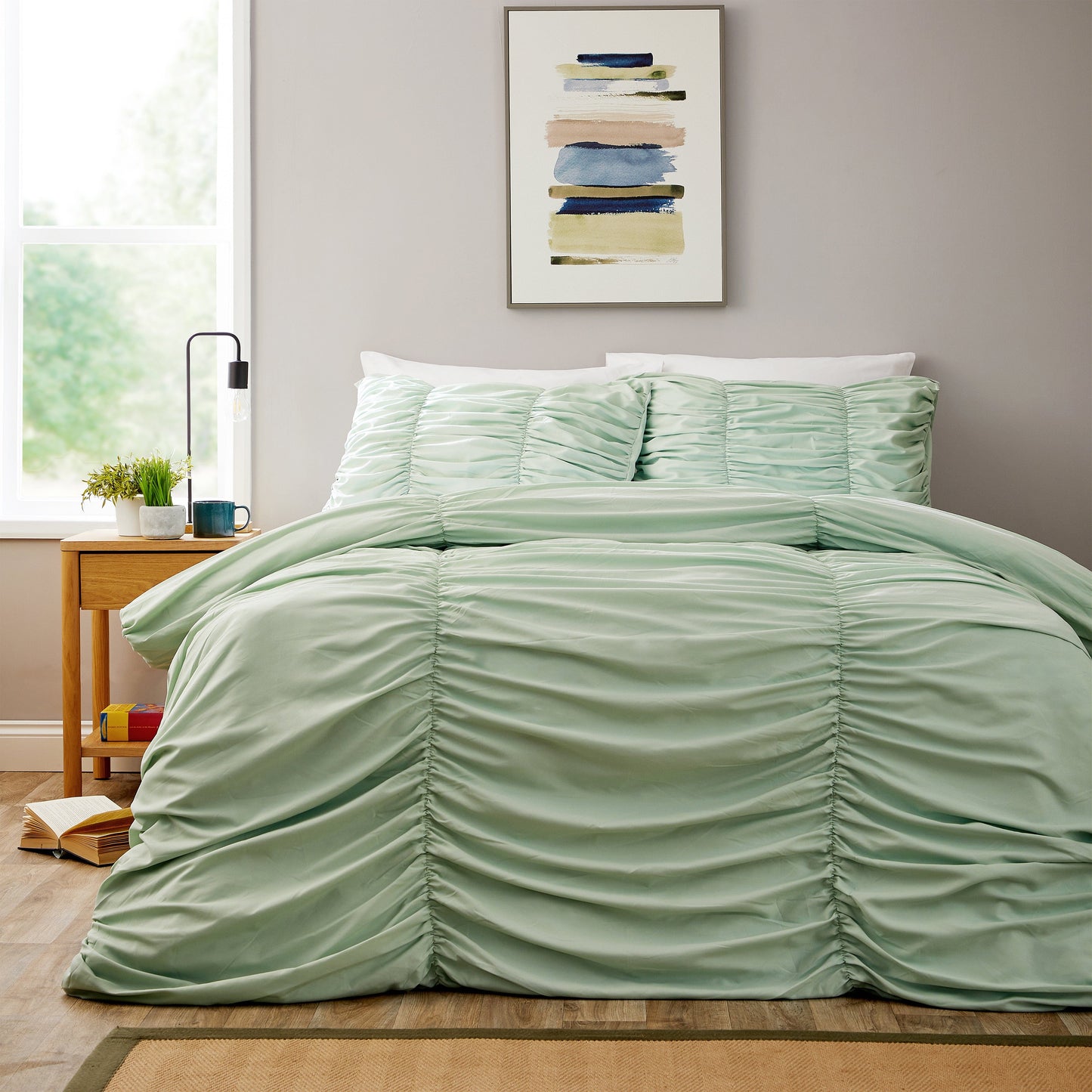 Ruched Sage Green Microfibre Duvet Cover Set with Pillowcases