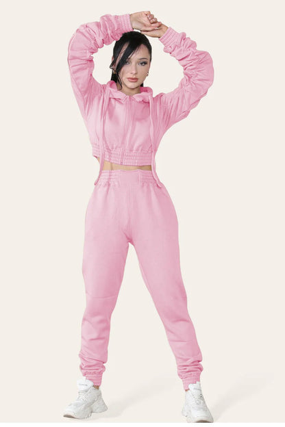 Ruched Sleeves Cropped Hoodie and Cropped Joggers Loungewear Set