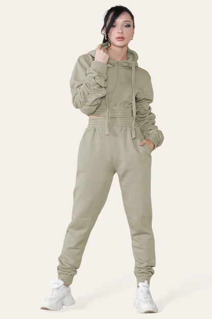 Ruched Sleeves Cropped Hoodie and Cropped Joggers Loungewear Set