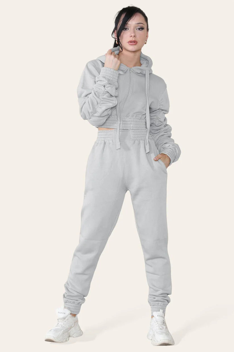 Ruched Sleeves Cropped Hoodie and Cropped Joggers Loungewear Set